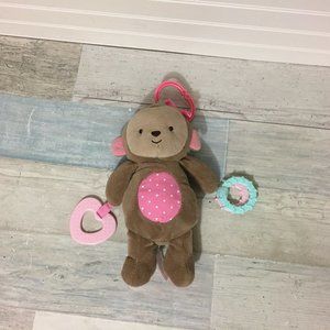 Carters Child of Mine Pink Monkey Plush 2015 Stroller Hanger Crinkle Teether